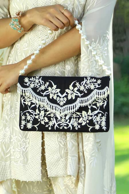 Adora by Ankita Black Thread And Pearls Hana Embroidered Clutch 