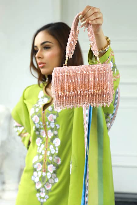 Adora by Ankita Pink Crystals Cristal Flapper Clutch With Handle 