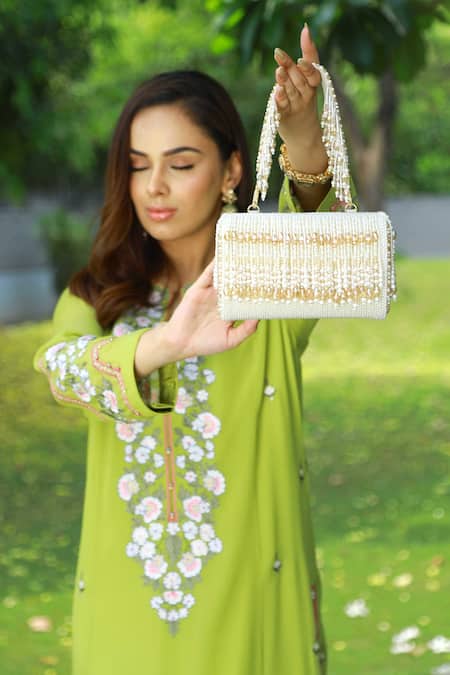 Shop Adora By Ankita Cream Crystals Cristal Flapper Clutch With Handle at Aza Fashions Shop_Adora By Ankita_Cream Crystals Cristal Flapper Clutch With Handle _at_Aza_Fashions