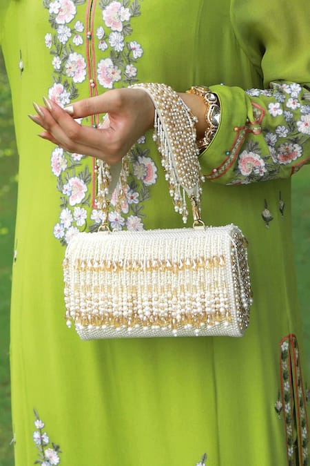 Adora by Ankita Cream Crystals Cristal Flapper Clutch With Handle 