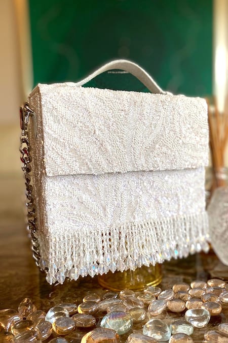 Adora by Ankita White Beads And Sequin Zebra Cristal Flapper Clutch With Sling 