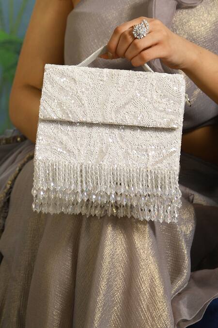 Buy_Adora By Ankita_White Beads, Sequins Zebra Cristal Flapper Clutch With Sling _Online_at_Aza_Fashions