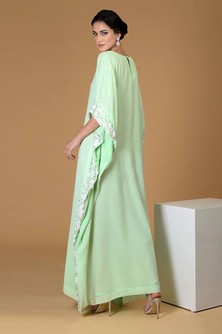 Shop Talking Threads Green Silk Georgette Round Hand Embroidered Kaftan at Aza Fashions Shop_Talking Threads_Green Silk Georgette Round Hand Embroidered Kaftan_at_Aza_Fashions