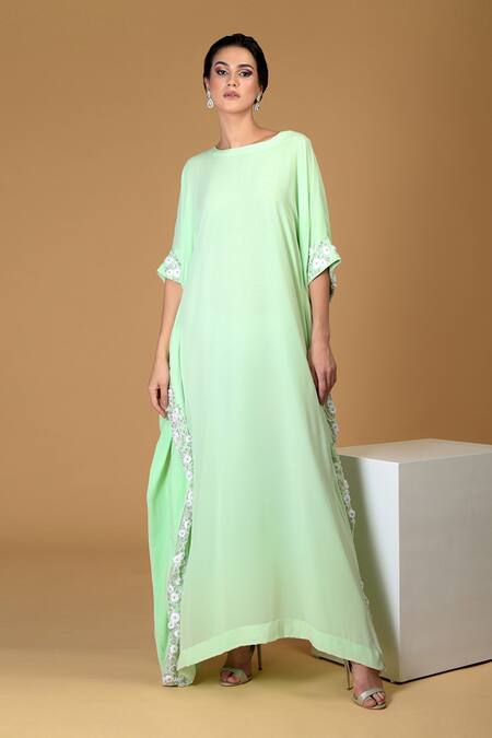 Talking Threads Green Silk Georgette Round Hand Embroidered Kaftan Online at Aza Fashions Talking Threads_Green Silk Georgette Round Hand Embroidered Kaftan_Online_at_Aza_Fashions