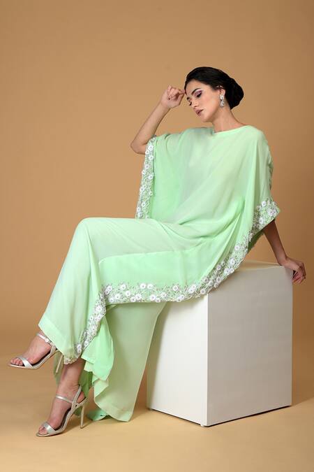 Buy Talking Threads Green Silk Georgette Round Hand Embroidered Kaftan Online at Aza Fashions Buy_Talking Threads_Green Silk Georgette Round Hand Embroidered Kaftan_Online_at_Aza_Fashions