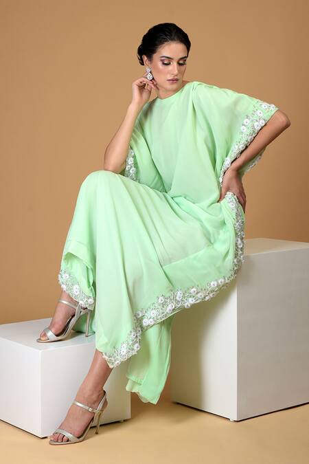 Shop Talking Threads Green Silk Georgette Round Hand Embroidered Kaftan Online at Aza Fashions Shop_Talking Threads_Green Silk Georgette Round Hand Embroidered Kaftan_Online_at_Aza_Fashions