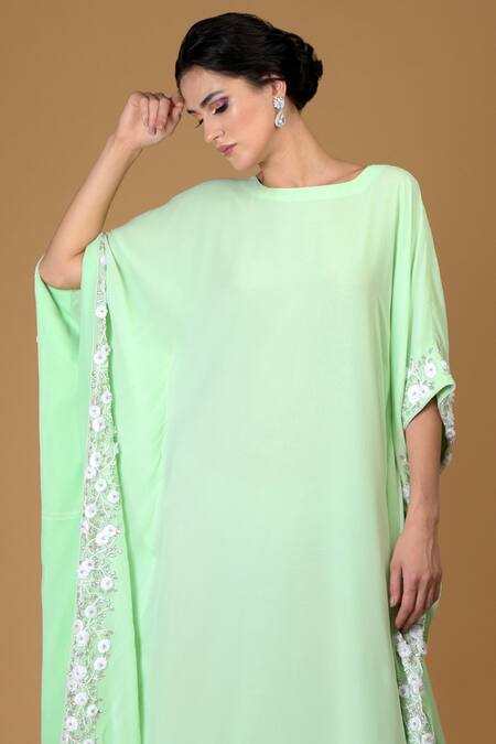 Talking Threads Green Silk Georgette Round Hand Embroidered Kaftan at Aza Fashions Talking Threads_Green Silk Georgette Round Hand Embroidered Kaftan_at_Aza_Fashions