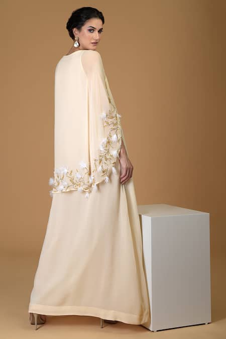 Shop Talking Threads Beige Embroidered Silk Cape Dress at Aza Fashions Shop_Talking Threads_Beige Embroidered Silk Cape Dress _at_Aza_Fashions
