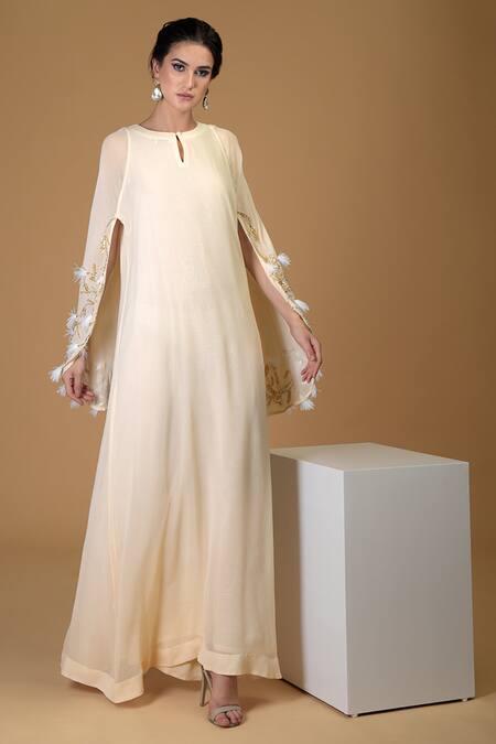 Talking Threads Beige Embroidered Silk Cape Dress Online at Aza Fashions Talking Threads_Beige Embroidered Silk Cape Dress _Online_at_Aza_Fashions