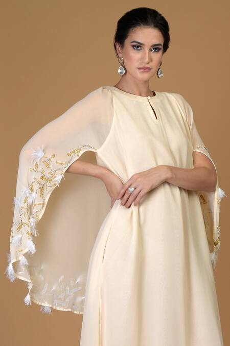 Shop Talking Threads Beige Embroidered Silk Cape Dress Online at Aza Fashions Shop_Talking Threads_Beige Embroidered Silk Cape Dress _Online_at_Aza_Fashions