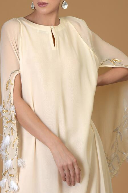 Talking Threads Beige Embroidered Silk Cape Dress at Aza Fashions Talking Threads_Beige Embroidered Silk Cape Dress _at_Aza_Fashions