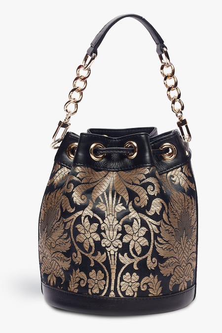 Tan & Loom_Black Embroidery Bombay Brocade Botanical Woven Bucket Bag _Online_at_Aza_Fashions