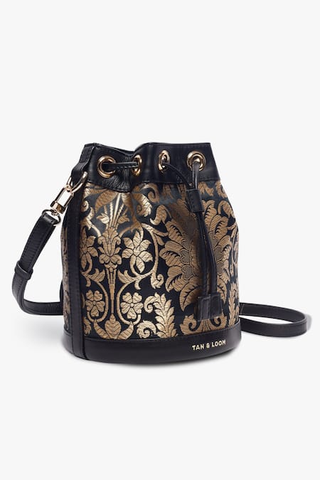 Buy_Tan & Loom_Black Embroidery Bombay Brocade Botanical Woven Bucket Bag _Online_at_Aza_Fashions