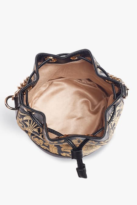 Shop_Tan & Loom_Black Embroidery Bombay Brocade Botanical Woven Bucket Bag _Online_at_Aza_Fashions