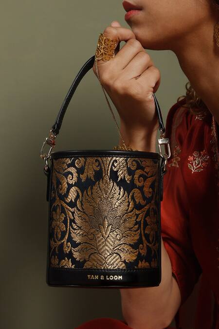 Shop_Tan & Loom_Black Embroidery Brocade Woven Potli _Online_at_Aza_Fashions