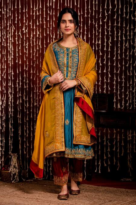 Chandbari Blue Dupatta- Silk Organza, Kurta And Salwar Chanderi Embroidered Anarkali Set