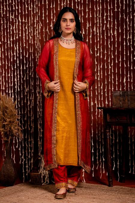Shop_Chandbari_Red Kurta Silk Organza Embroidery Zardozi Kurta Open Jacket And Pant Set_Online_at_Aza_Fashions