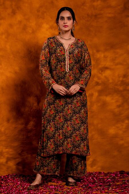 Chandbari_Multi Color Kurta And Palazzo Chanderi Printed Floral Notched Set_Online_at_Aza_Fashions