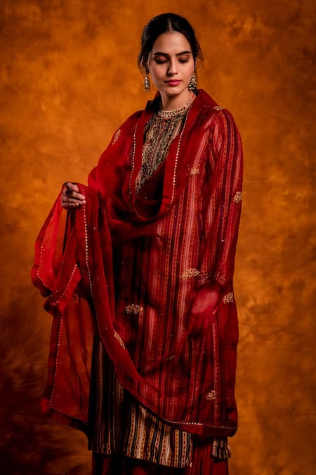 Chandbari_Red Kurta Modal Satin Printed Stripe Round Palazzo Set_at_Aza_Fashions