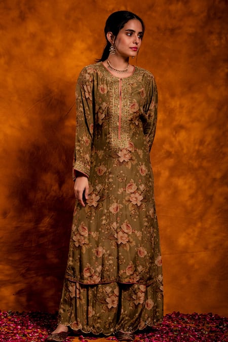 Chandbari_Green Kurta And Palazzo Chanderi Printed Floral Notched Set_Online_at_Aza_Fashions