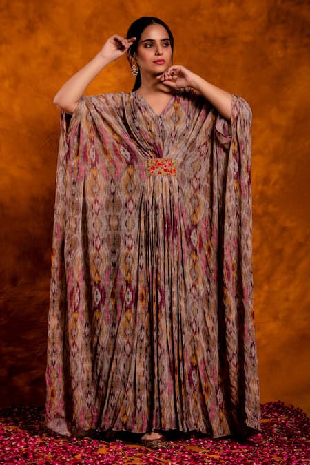 Chandbari_Multi Color Kaftan Georgette, Slip Cotton Ikat V Neck Print_Online_at_Aza_Fashions