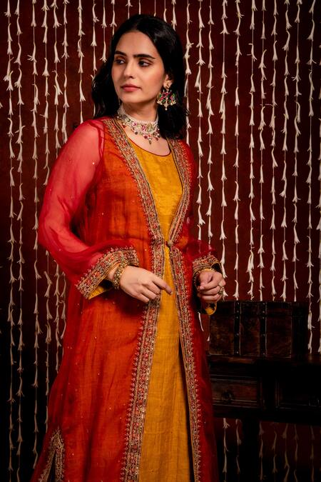 Chandbari_Red Kurta Silk Organza Embroidery Zardozi Kurta Open Jacket And Pant Set_at_Aza_Fashions