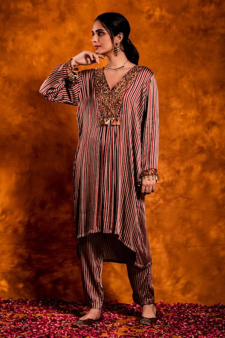 Chandbari Multi Color Modal Satin Printed Floral V Neck Stripe Kurta And Pant Set Online at Aza Fashions Chandbari_Multi Color Modal Satin Printed Floral V Neck Stripe Kurta And Pant Set_Online_at_Aza_Fashions