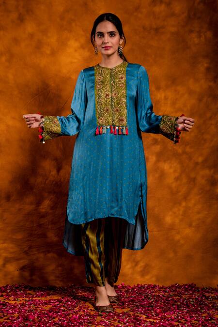 Chandbari_Blue Modal Satin Printed Geometric Round Kurta And Pant Set_Online_at_Aza_Fashions