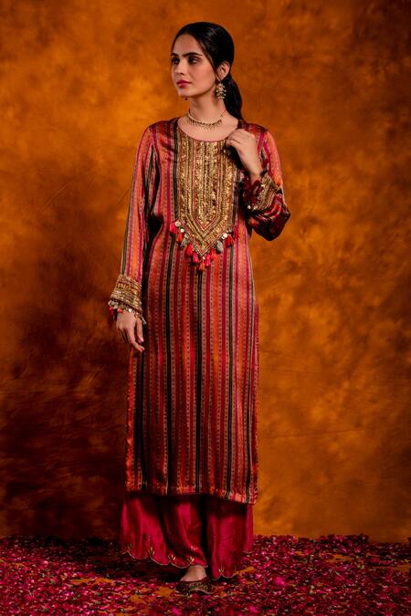Chandbari_Fuchsia Kurta Modal Satin Printed Stripe Round Palazzo Set_Online_at_Aza_Fashions