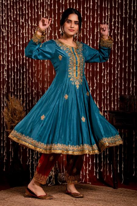 Shop Chandbari Blue Dupatta- Silk Organza, Kurta And Salwar Chanderi Embroidered Anarkali Set Online at Aza Fashions Shop_Chandbari_Blue Dupatta- Silk Organza, Kurta And Salwar Chanderi Embroidered Anarkali Set_Online_at_Aza_Fashions