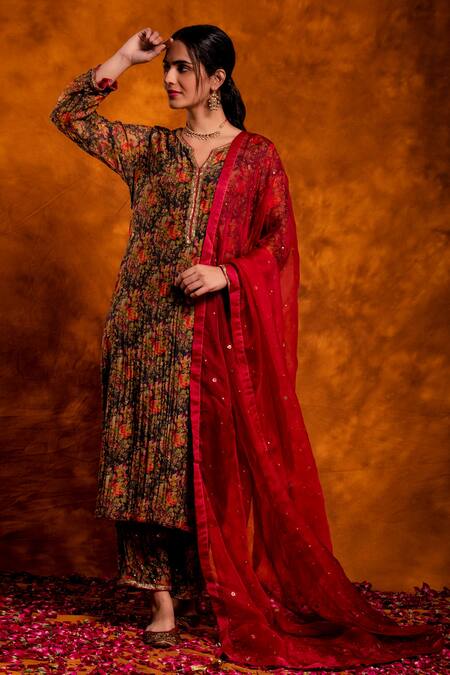 Buy_Chandbari_Multi Color Kurta And Palazzo Chanderi Printed Floral Notched Set_Online_at_Aza_Fashions