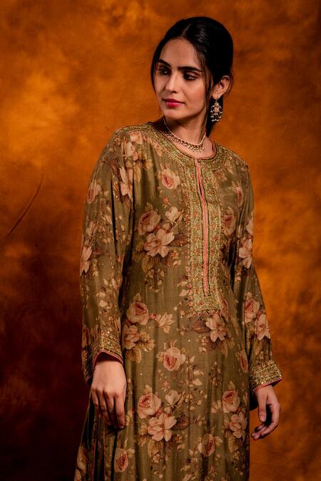 Buy_Chandbari_Green Kurta And Palazzo Chanderi Printed Floral Notched Set_Online_at_Aza_Fashions