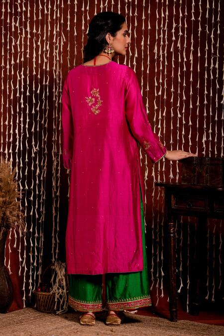 Shop_Chandbari_Fuchsia Kurta And Palazzo Chanderi Embroidery Zardozi Round Set _at_Aza_Fashions