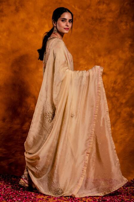 Chandbari_Beige Kurta And Palazzo Chanderi Printed Floral Notched Set_Online_at_Aza_Fashions