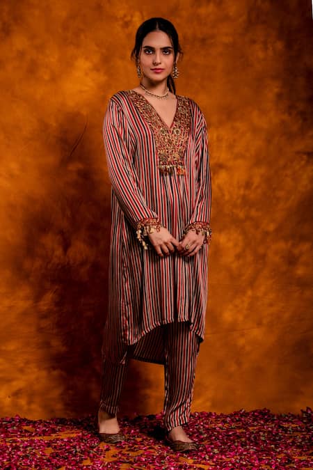 Buy Chandbari Multi Color Modal Satin Printed Floral V Neck Stripe Kurta And Pant Set Online at Aza Fashions Buy_Chandbari_Multi Color Modal Satin Printed Floral V Neck Stripe Kurta And Pant Set_Online_at_Aza_Fashions