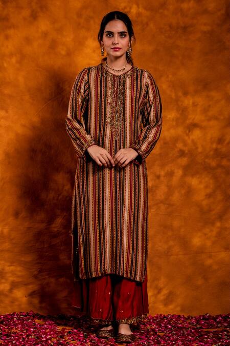 Chandbari_Red Kurta Modal Satin Printed Stripe Round Palazzo Set_Online_at_Aza_Fashions