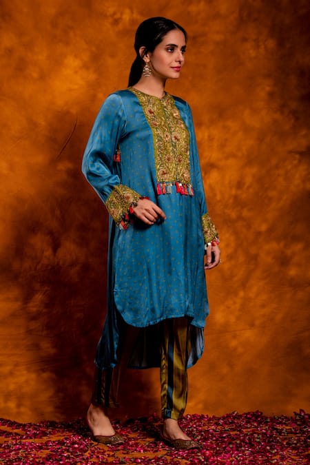 Buy_Chandbari_Blue Modal Satin Printed Geometric Round Kurta And Pant Set_Online_at_Aza_Fashions