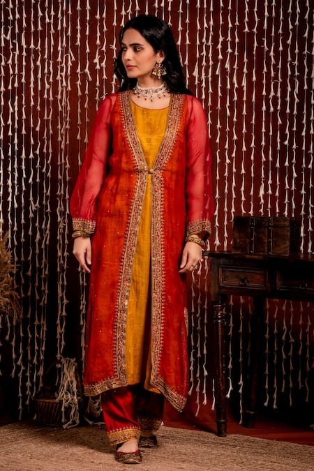 Chandbari_Red Kurta Silk Organza Embroidery Zardozi Kurta Open Jacket And Pant Set_Online_at_Aza_Fashions