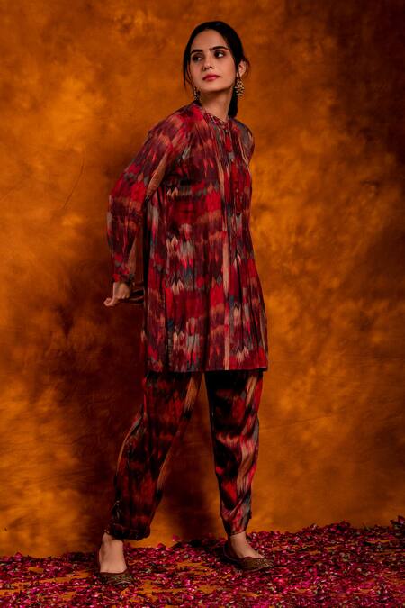 Buy_Chandbari_Multi Color Modal Satin Printed Abstract Mandarin Pleated Kurta And Pant Set_Online_at_Aza_Fashions