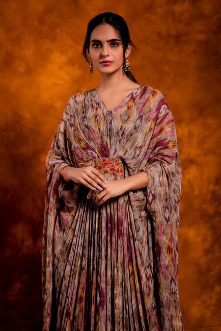 Shop_Chandbari_Multi Color Kaftan Georgette, Slip Cotton Ikat V Neck Print_Online_at_Aza_Fashions