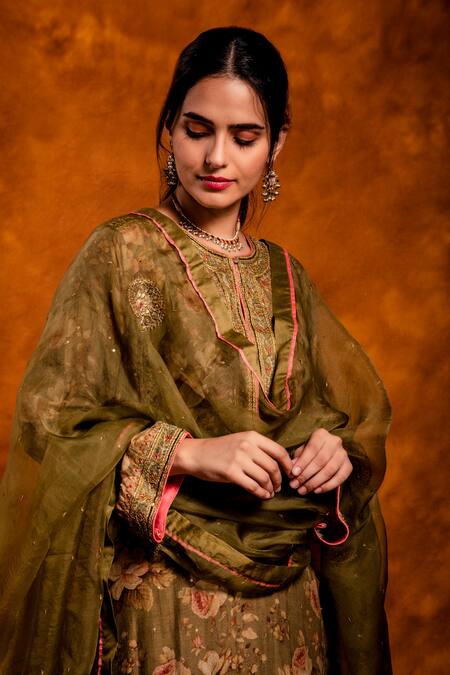 Shop_Chandbari_Green Kurta And Palazzo Chanderi Printed Floral Notched Set_Online_at_Aza_Fashions