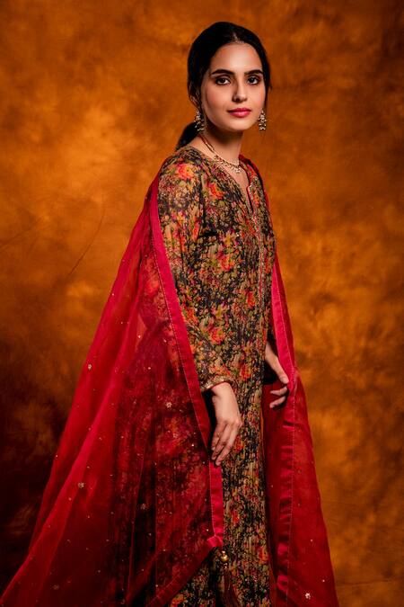 Shop_Chandbari_Multi Color Kurta And Palazzo Chanderi Printed Floral Notched Set_Online_at_Aza_Fashions