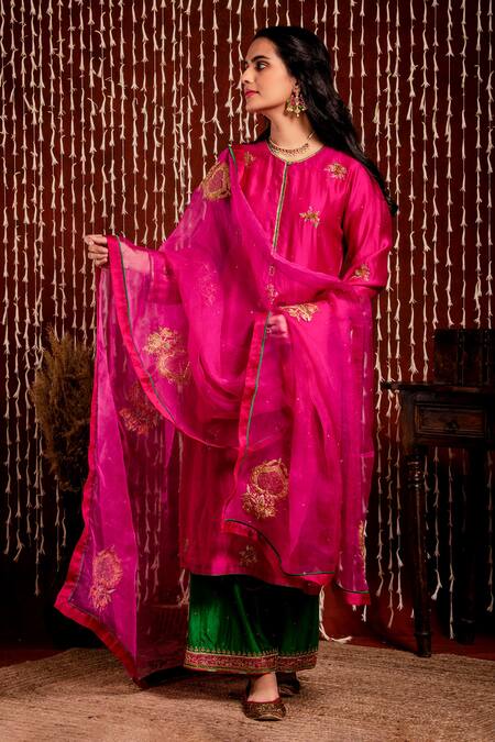 Chandbari_Fuchsia Kurta And Palazzo Chanderi Embroidery Zardozi Round Set _Online_at_Aza_Fashions