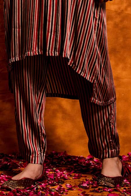 Shop Chandbari Multi Color Modal Satin Printed Floral V Neck Stripe Kurta And Pant Set Online at Aza Fashions Shop_Chandbari_Multi Color Modal Satin Printed Floral V Neck Stripe Kurta And Pant Set_Online_at_Aza_Fashions