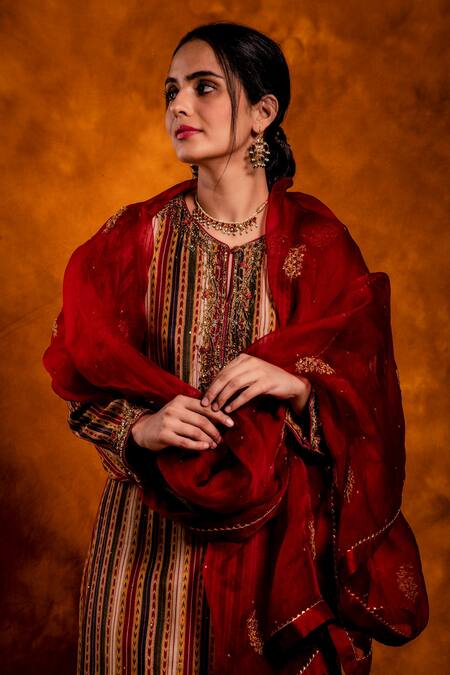 Buy_Chandbari_Red Kurta Modal Satin Printed Stripe Round Palazzo Set_Online_at_Aza_Fashions