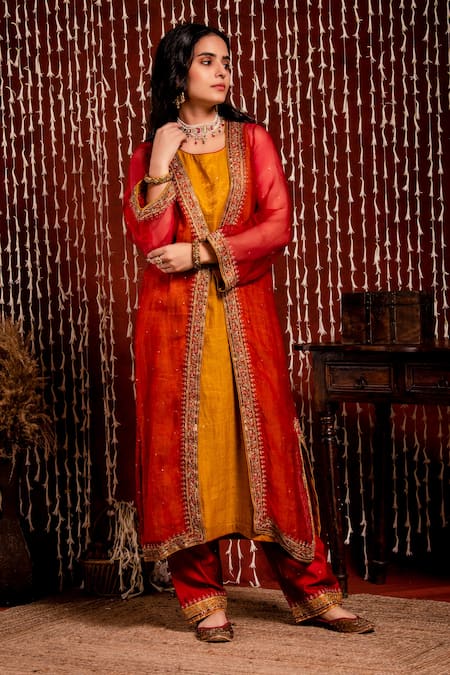 Buy_Chandbari_Red Kurta Silk Organza Embroidery Zardozi Kurta Open Jacket And Pant Set_Online_at_Aza_Fashions