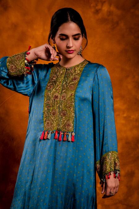 Shop_Chandbari_Blue Modal Satin Printed Geometric Round Kurta And Pant Set_Online_at_Aza_Fashions