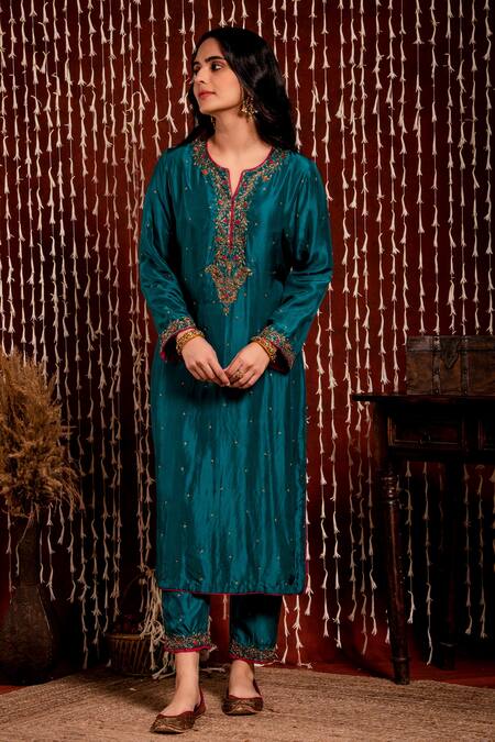 Buy_Chandbari_Blue Kurta And Pant Silk Embroidery Zardozi Notched Set_Online_at_Aza_Fashions