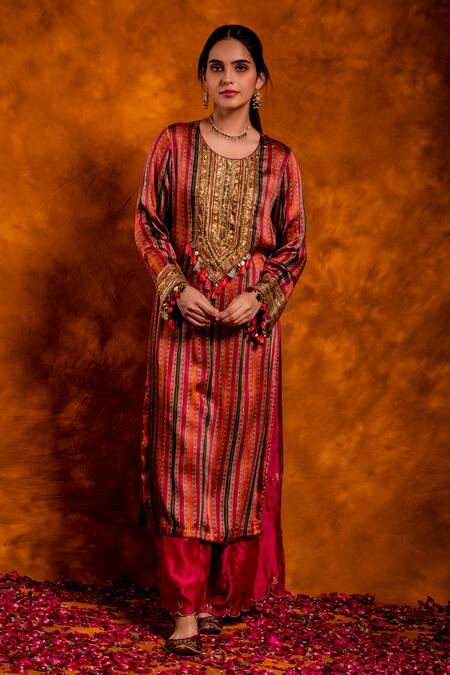 Shop_Chandbari_Fuchsia Kurta Modal Satin Printed Stripe Round Palazzo Set_Online_at_Aza_Fashions