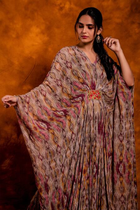 Chandbari_Multi Color Kaftan Georgette, Slip Cotton Ikat V Neck Print_at_Aza_Fashions